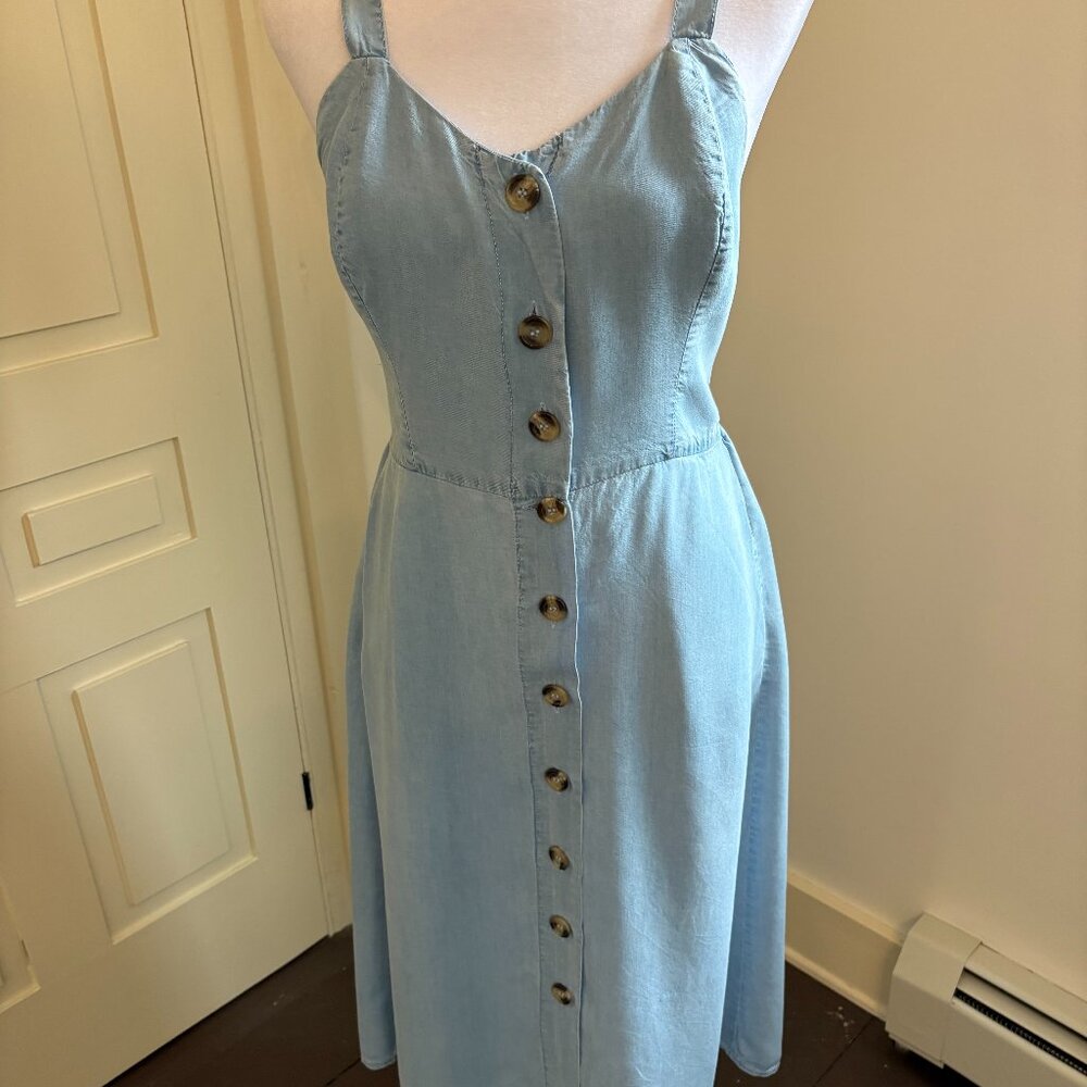 Strappy Button-Front Midi Dress with Back Smocking in Light Denim Blue, Size M